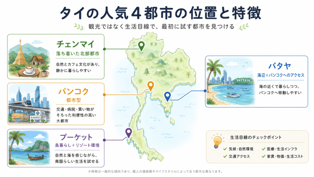 タイの人気4都市の位置と特徴