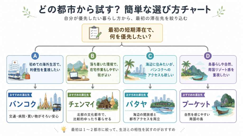 タイ移住:どの都市から試す?選び方チャート